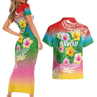 Hawaii Aloha Tropical Leaves and Flower Couples Matching Short Sleeve Bodycon Dress and Hawaiian Shirt with Polynesian Art Tattoo Rainbow Color LT03 - Polynesian Pride