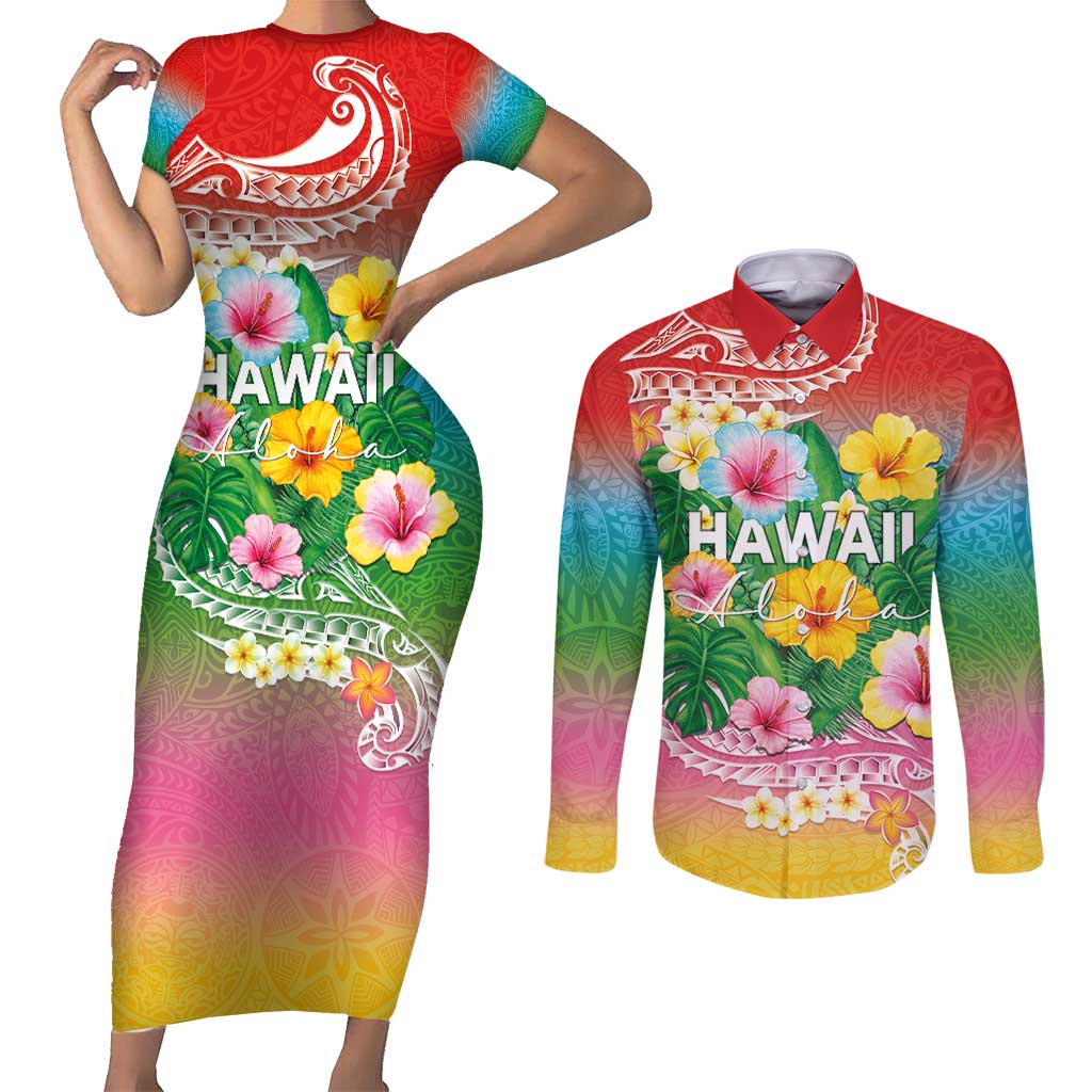 Hawaii Aloha Tropical Leaves and Flower Couples Matching Short Sleeve Bodycon Dress and Long Sleeve Button Shirt with Polynesian Art Tattoo Rainbow Color LT03 Rainbow - Polynesian Pride