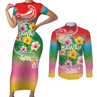 Hawaii Aloha Tropical Leaves and Flower Couples Matching Short Sleeve Bodycon Dress and Long Sleeve Button Shirt with Polynesian Art Tattoo Rainbow Color LT03 Rainbow - Polynesian Pride