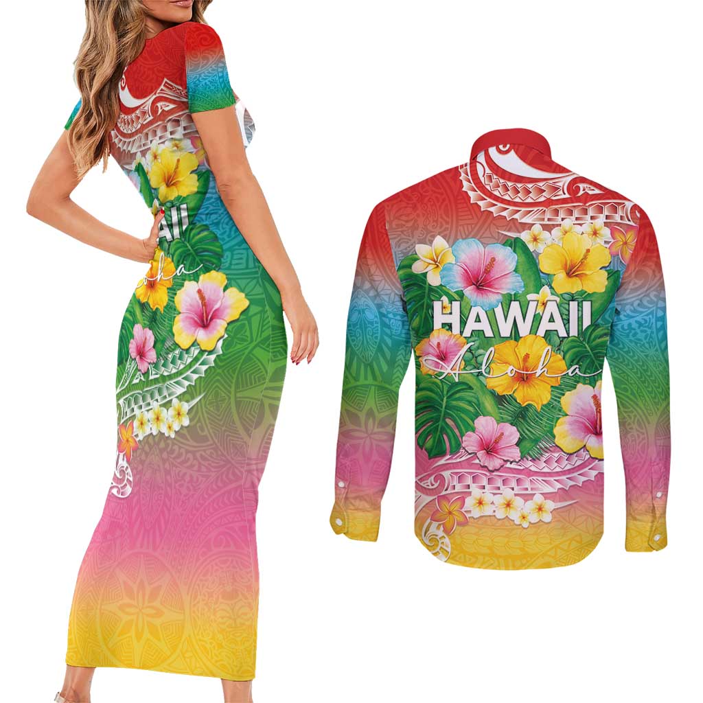 Hawaii Aloha Tropical Leaves and Flower Couples Matching Short Sleeve Bodycon Dress and Long Sleeve Button Shirt with Polynesian Art Tattoo Rainbow Color LT03 - Polynesian Pride