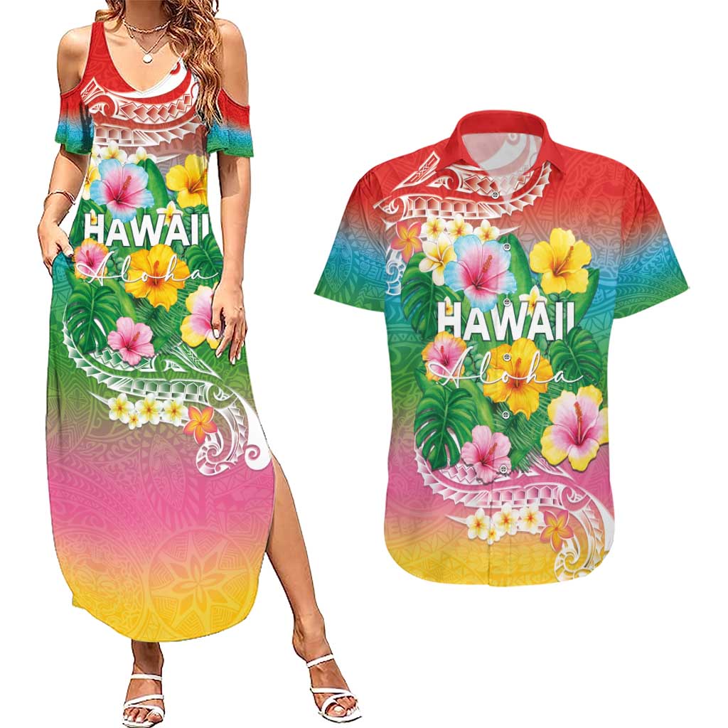 Hawaii Aloha Tropical Leaves and Flower Couples Matching Summer Maxi Dress and Hawaiian Shirt with Polynesian Art Tattoo Rainbow Color LT03 Rainbow - Polynesian Pride