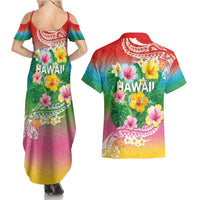 Hawaii Aloha Tropical Leaves and Flower Couples Matching Summer Maxi Dress and Hawaiian Shirt with Polynesian Art Tattoo Rainbow Color LT03 - Polynesian Pride