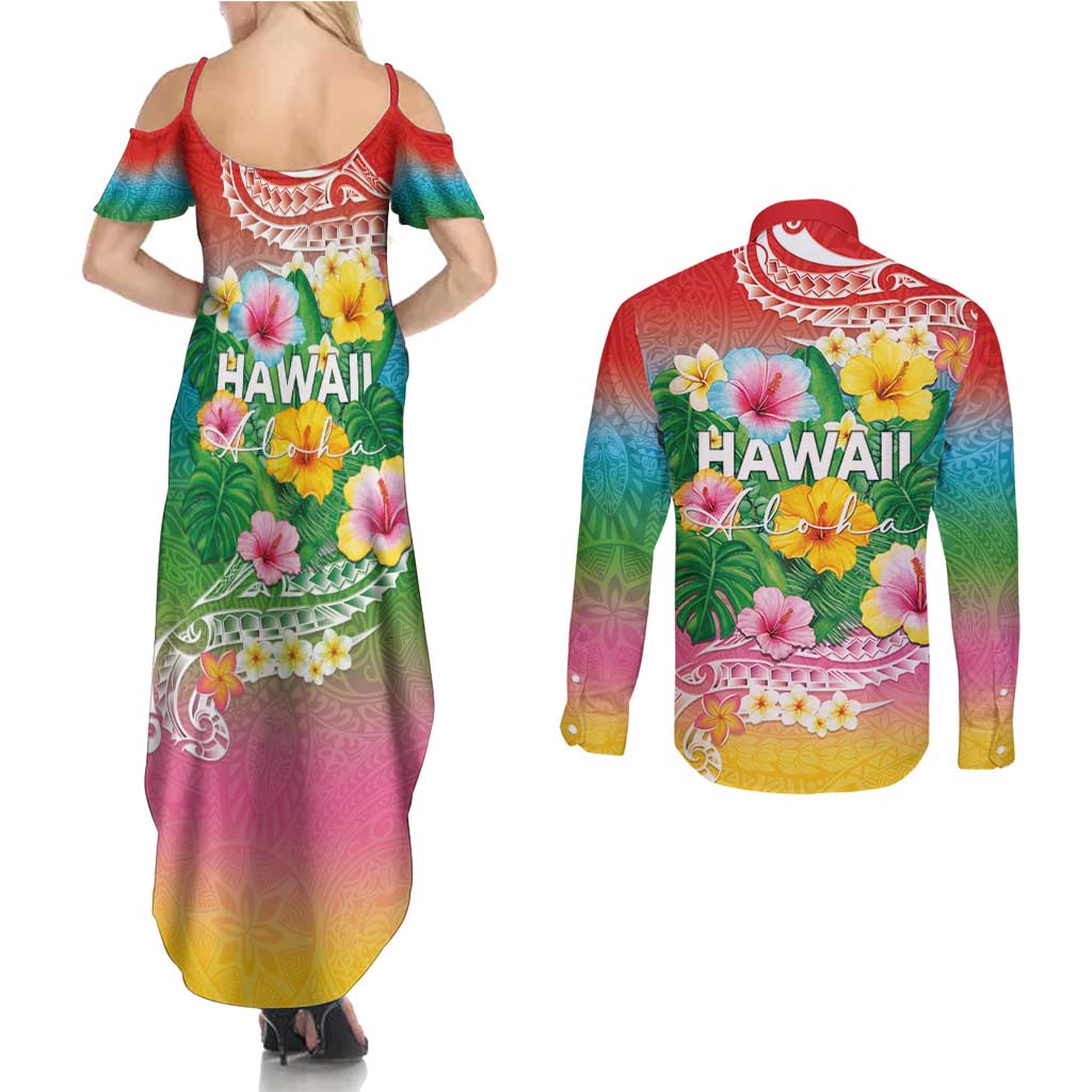 Hawaii Aloha Tropical Leaves and Flower Couples Matching Summer Maxi Dress and Long Sleeve Button Shirt with Polynesian Art Tattoo Rainbow Color LT03 - Polynesian Pride