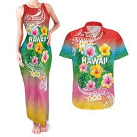 Hawaii Aloha Tropical Leaves and Flower Couples Matching Tank Maxi Dress and Hawaiian Shirt with Polynesian Art Tattoo Rainbow Color LT03 Rainbow - Polynesian Pride