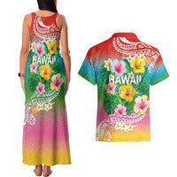 Hawaii Aloha Tropical Leaves and Flower Couples Matching Tank Maxi Dress and Hawaiian Shirt with Polynesian Art Tattoo Rainbow Color LT03 - Polynesian Pride