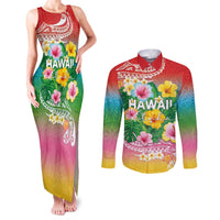 Hawaii Aloha Tropical Leaves and Flower Couples Matching Tank Maxi Dress and Long Sleeve Button Shirt with Polynesian Art Tattoo Rainbow Color LT03 Rainbow - Polynesian Pride