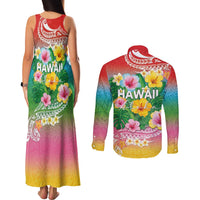 Hawaii Aloha Tropical Leaves and Flower Couples Matching Tank Maxi Dress and Long Sleeve Button Shirt with Polynesian Art Tattoo Rainbow Color LT03 - Polynesian Pride