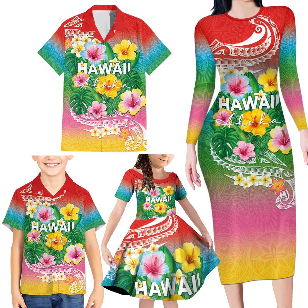 Hawaii Aloha Tropical Leaves and Flower Family Matching Long Sleeve Bodycon Dress and Hawaiian Shirt with Polynesian Art Tattoo Rainbow Color LT03 - Polynesian Pride