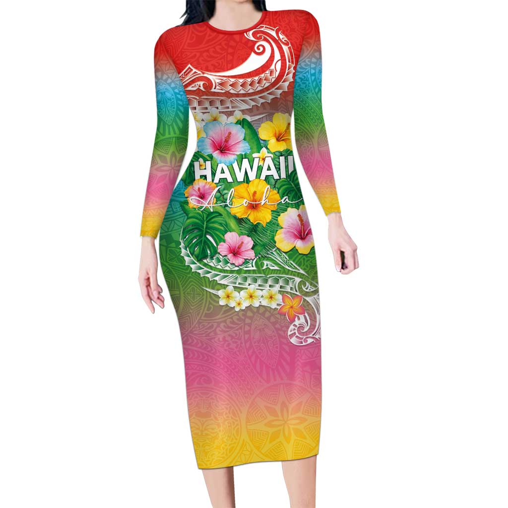 Hawaii Aloha Tropical Leaves and Flower Family Matching Long Sleeve Bodycon Dress and Hawaiian Shirt with Polynesian Art Tattoo Rainbow Color LT03 Mom's Dress Rainbow - Polynesian Pride