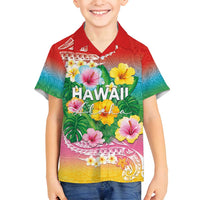 Hawaii Aloha Tropical Leaves and Flower Family Matching Long Sleeve Bodycon Dress and Hawaiian Shirt with Polynesian Art Tattoo Rainbow Color LT03 Son's Shirt Rainbow - Polynesian Pride