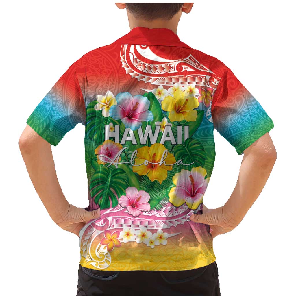 Hawaii Aloha Tropical Leaves and Flower Family Matching Mermaid Dress and Hawaiian Shirt with Polynesian Art Tattoo Rainbow Color LT03 - Polynesian Pride