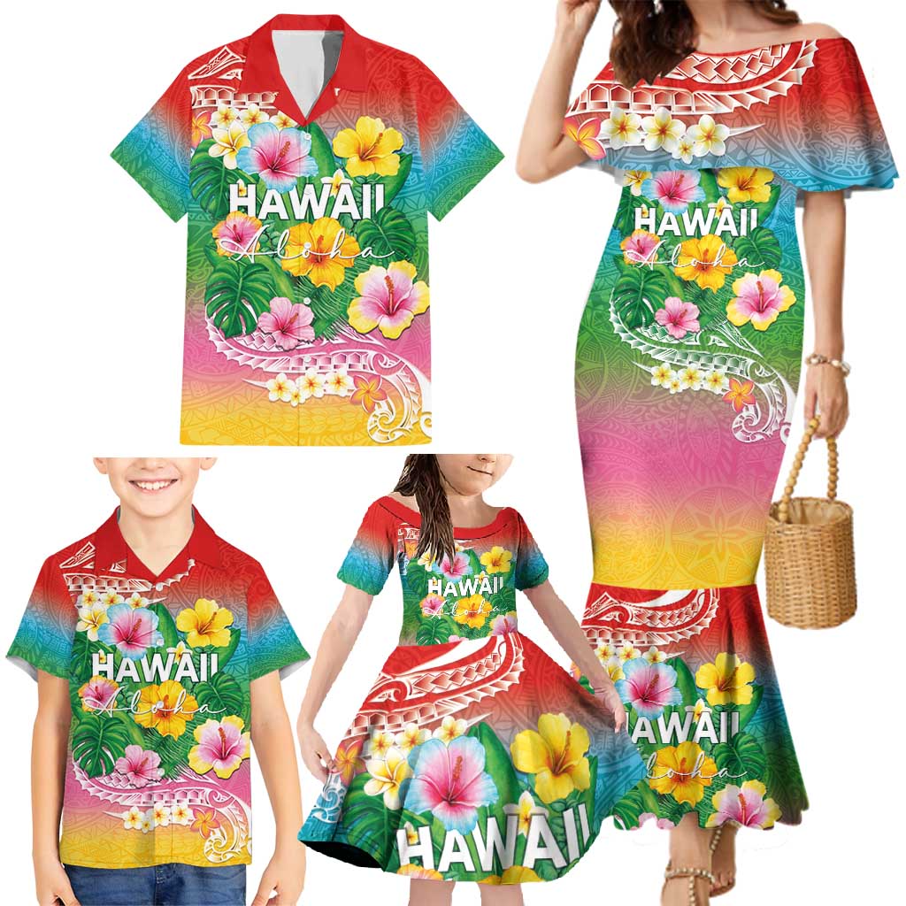 Hawaii Aloha Tropical Leaves and Flower Family Matching Mermaid Dress and Hawaiian Shirt with Polynesian Art Tattoo Rainbow Color LT03 - Polynesian Pride