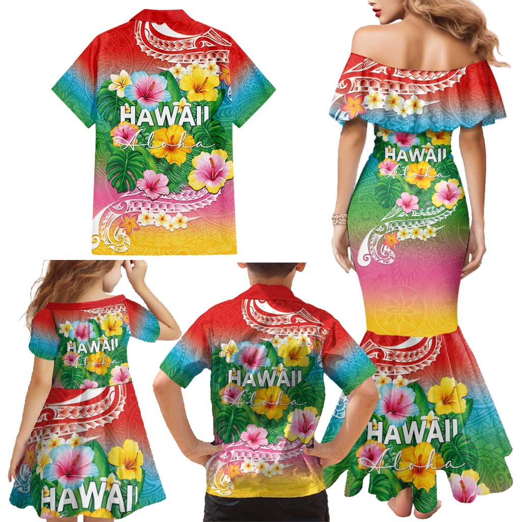 Hawaii Aloha Tropical Leaves and Flower Family Matching Mermaid Dress and Hawaiian Shirt with Polynesian Art Tattoo Rainbow Color LT03 - Polynesian Pride