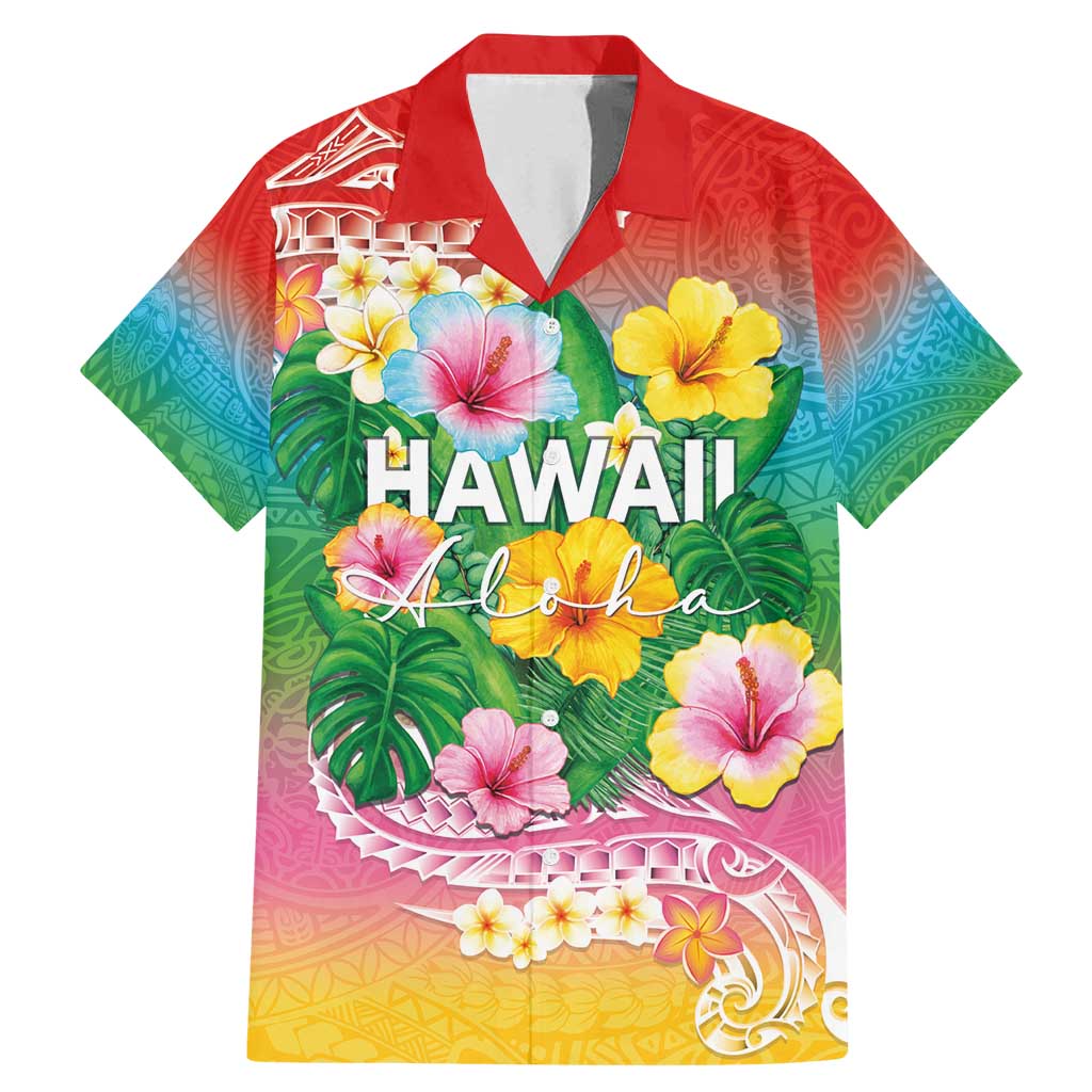 Hawaii Aloha Tropical Leaves and Flower Family Matching Mermaid Dress and Hawaiian Shirt with Polynesian Art Tattoo Rainbow Color LT03 Dad's Shirt - Short Sleeve Rainbow - Polynesian Pride