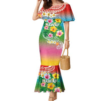 Hawaii Aloha Tropical Leaves and Flower Family Matching Mermaid Dress and Hawaiian Shirt with Polynesian Art Tattoo Rainbow Color LT03 Mom's Dress Rainbow - Polynesian Pride