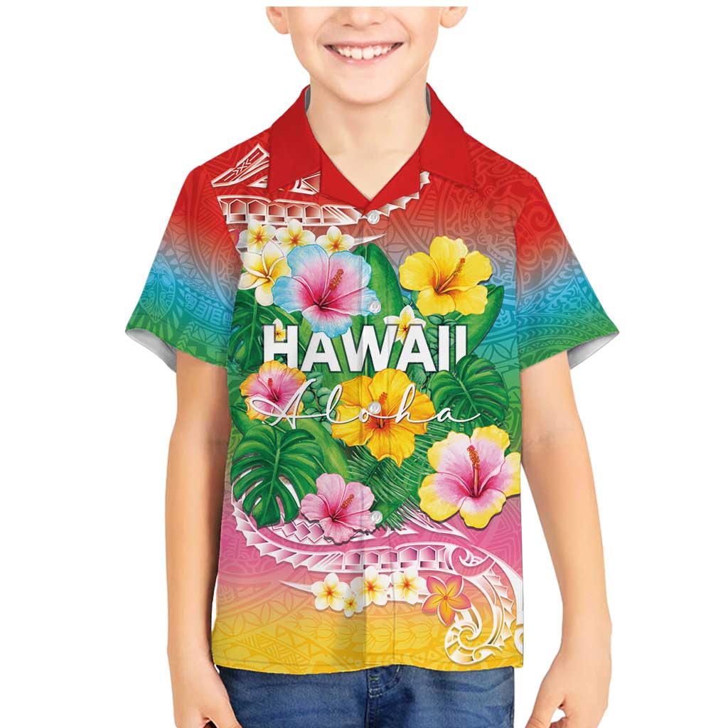 Hawaii Aloha Tropical Leaves and Flower Family Matching Mermaid Dress and Hawaiian Shirt with Polynesian Art Tattoo Rainbow Color LT03 Son's Shirt Rainbow - Polynesian Pride