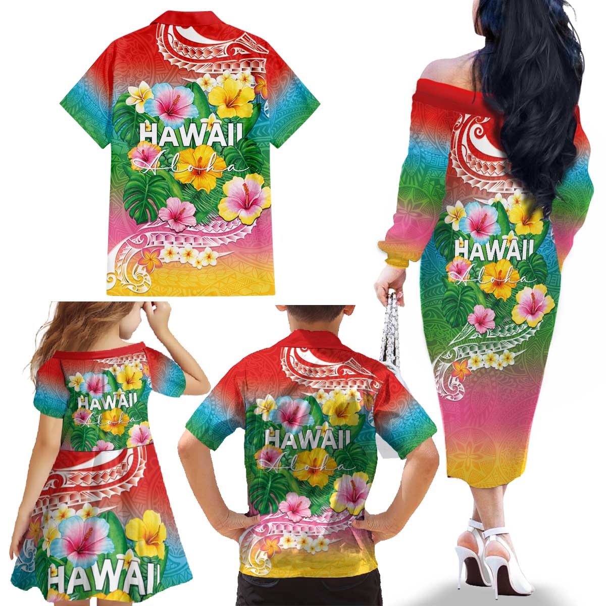 Hawaii Aloha Tropical Leaves and Flower Family Matching Off The Shoulder Long Sleeve Dress and Hawaiian Shirt with Polynesian Art Tattoo Rainbow Color LT03 - Polynesian Pride