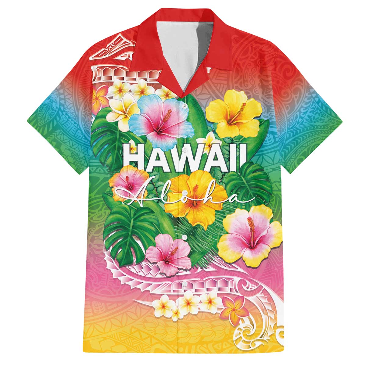 Hawaii Aloha Tropical Leaves and Flower Family Matching Off The Shoulder Long Sleeve Dress and Hawaiian Shirt with Polynesian Art Tattoo Rainbow Color LT03 Dad's Shirt - Short Sleeve Rainbow - Polynesian Pride