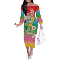 Hawaii Aloha Tropical Leaves and Flower Family Matching Off The Shoulder Long Sleeve Dress and Hawaiian Shirt with Polynesian Art Tattoo Rainbow Color LT03 Mom's Dress Rainbow - Polynesian Pride