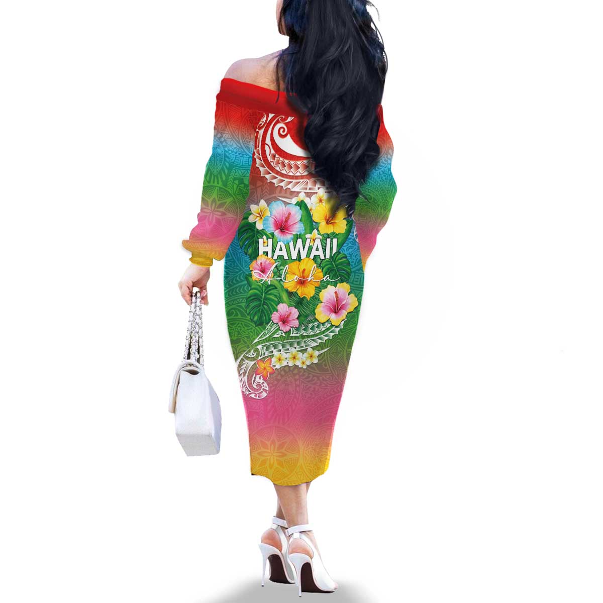 Hawaii Aloha Tropical Leaves and Flower Family Matching Off The Shoulder Long Sleeve Dress and Hawaiian Shirt with Polynesian Art Tattoo Rainbow Color LT03 - Polynesian Pride