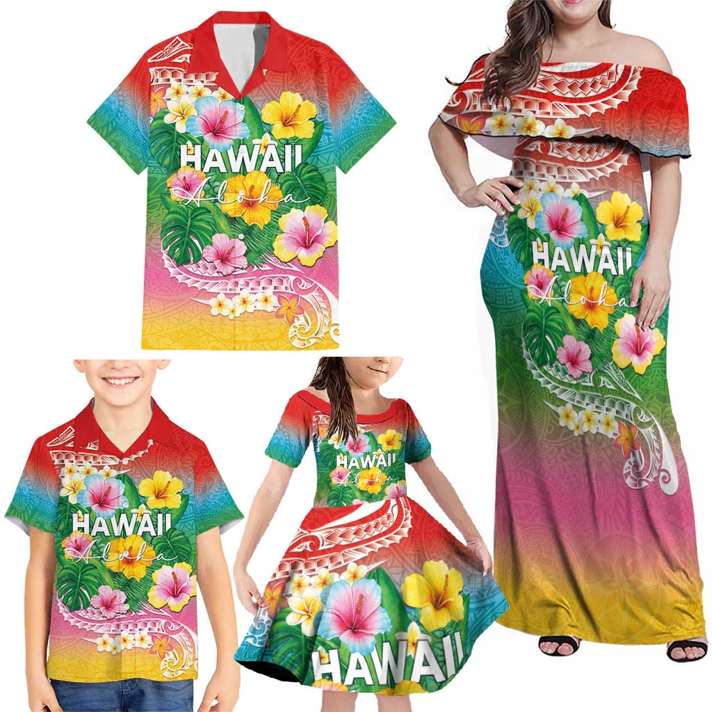 Hawaii Aloha Tropical Leaves and Flower Family Matching Off Shoulder Maxi Dress and Hawaiian Shirt with Polynesian Art Tattoo Rainbow Color LT03 - Polynesian Pride