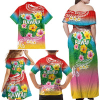 Hawaii Aloha Tropical Leaves and Flower Family Matching Off Shoulder Maxi Dress and Hawaiian Shirt with Polynesian Art Tattoo Rainbow Color LT03 - Polynesian Pride