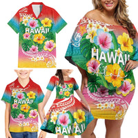 Hawaii Aloha Tropical Leaves and Flower Family Matching Off Shoulder Short Dress and Hawaiian Shirt with Polynesian Art Tattoo Rainbow Color LT03 - Polynesian Pride