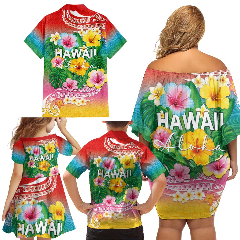 Hawaii Aloha Tropical Leaves and Flower Family Matching Off Shoulder Short Dress and Hawaiian Shirt with Polynesian Art Tattoo Rainbow Color LT03 - Polynesian Pride