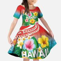 Hawaii Aloha Tropical Leaves and Flower Family Matching Puletasi and Hawaiian Shirt with Polynesian Art Tattoo Rainbow Color LT03 Daughter's Dress Rainbow - Polynesian Pride