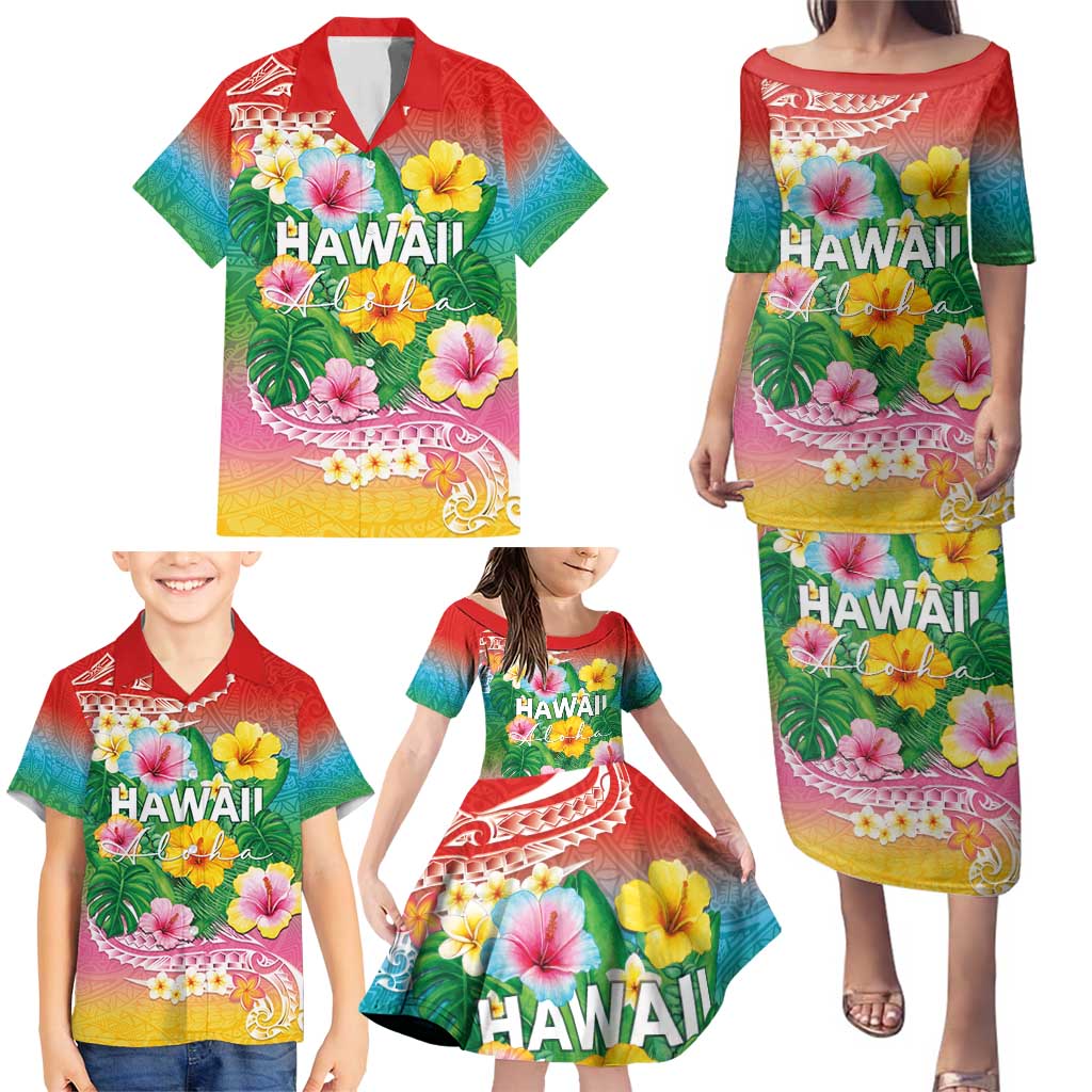 Hawaii Aloha Tropical Leaves and Flower Family Matching Puletasi and Hawaiian Shirt with Polynesian Art Tattoo Rainbow Color LT03 - Polynesian Pride
