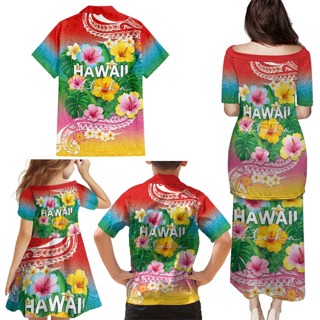 Hawaii Aloha Tropical Leaves and Flower Family Matching Puletasi and Hawaiian Shirt with Polynesian Art Tattoo Rainbow Color LT03 - Polynesian Pride