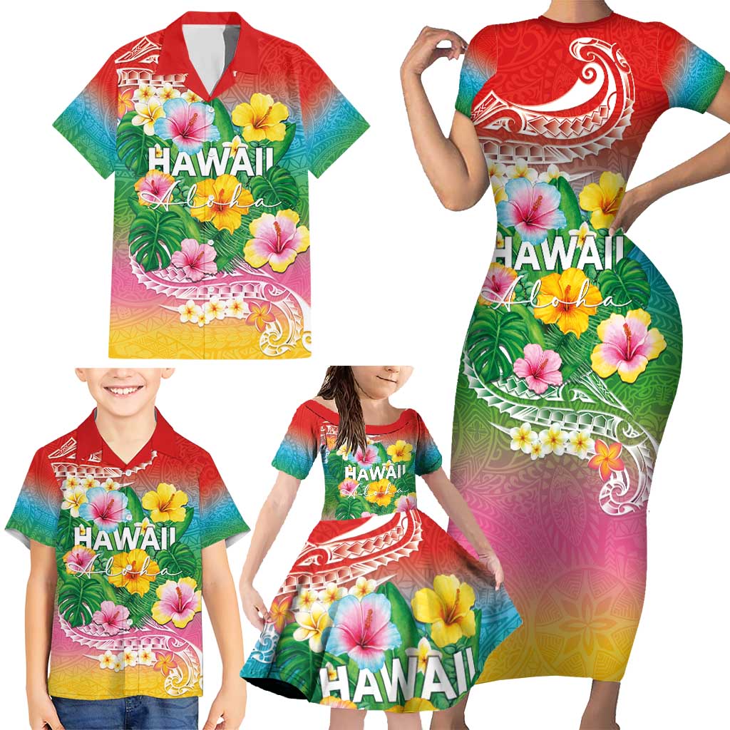 Hawaii Aloha Tropical Leaves and Flower Family Matching Short Sleeve Bodycon Dress and Hawaiian Shirt with Polynesian Art Tattoo Rainbow Color LT03 - Polynesian Pride