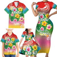 Hawaii Aloha Tropical Leaves and Flower Family Matching Short Sleeve Bodycon Dress and Hawaiian Shirt with Polynesian Art Tattoo Rainbow Color LT03 - Polynesian Pride