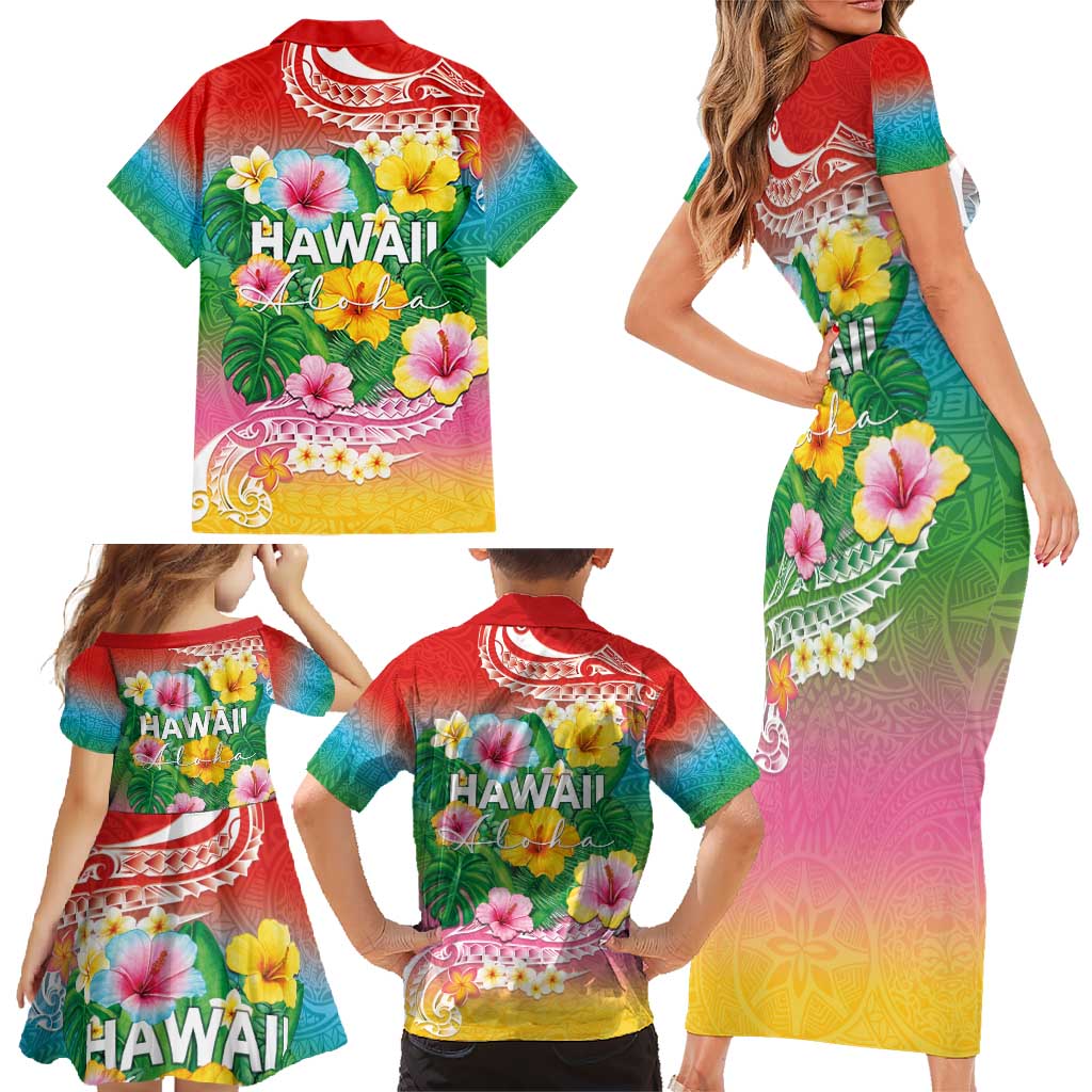 Hawaii Aloha Tropical Leaves and Flower Family Matching Short Sleeve Bodycon Dress and Hawaiian Shirt with Polynesian Art Tattoo Rainbow Color LT03 - Polynesian Pride
