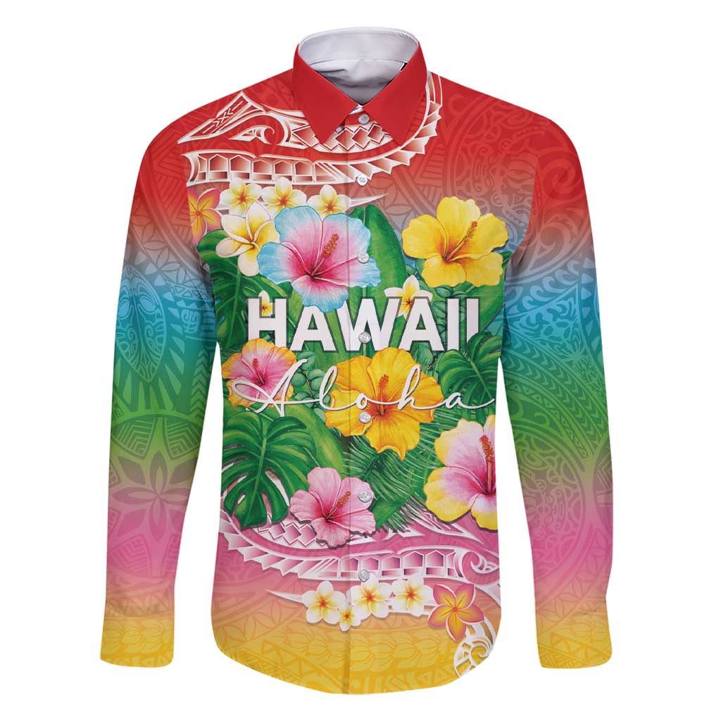 Hawaii Aloha Tropical Leaves and Flower Family Matching Short Sleeve Bodycon Dress and Hawaiian Shirt with Polynesian Art Tattoo Rainbow Color LT03 Dad's Shirt - Long Sleeve Rainbow - Polynesian Pride