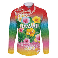 Hawaii Aloha Tropical Leaves and Flower Family Matching Short Sleeve Bodycon Dress and Hawaiian Shirt with Polynesian Art Tattoo Rainbow Color LT03 Dad's Shirt - Long Sleeve Rainbow - Polynesian Pride