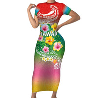 Hawaii Aloha Tropical Leaves and Flower Family Matching Short Sleeve Bodycon Dress and Hawaiian Shirt with Polynesian Art Tattoo Rainbow Color LT03 Mom's Dress Rainbow - Polynesian Pride