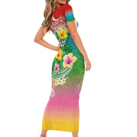 Hawaii Aloha Tropical Leaves and Flower Family Matching Short Sleeve Bodycon Dress and Hawaiian Shirt with Polynesian Art Tattoo Rainbow Color LT03 - Polynesian Pride
