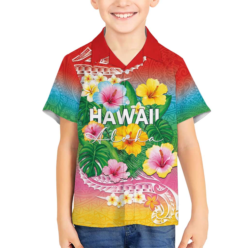 Hawaii Aloha Tropical Leaves and Flower Family Matching Short Sleeve Bodycon Dress and Hawaiian Shirt with Polynesian Art Tattoo Rainbow Color LT03 Son's Shirt Rainbow - Polynesian Pride