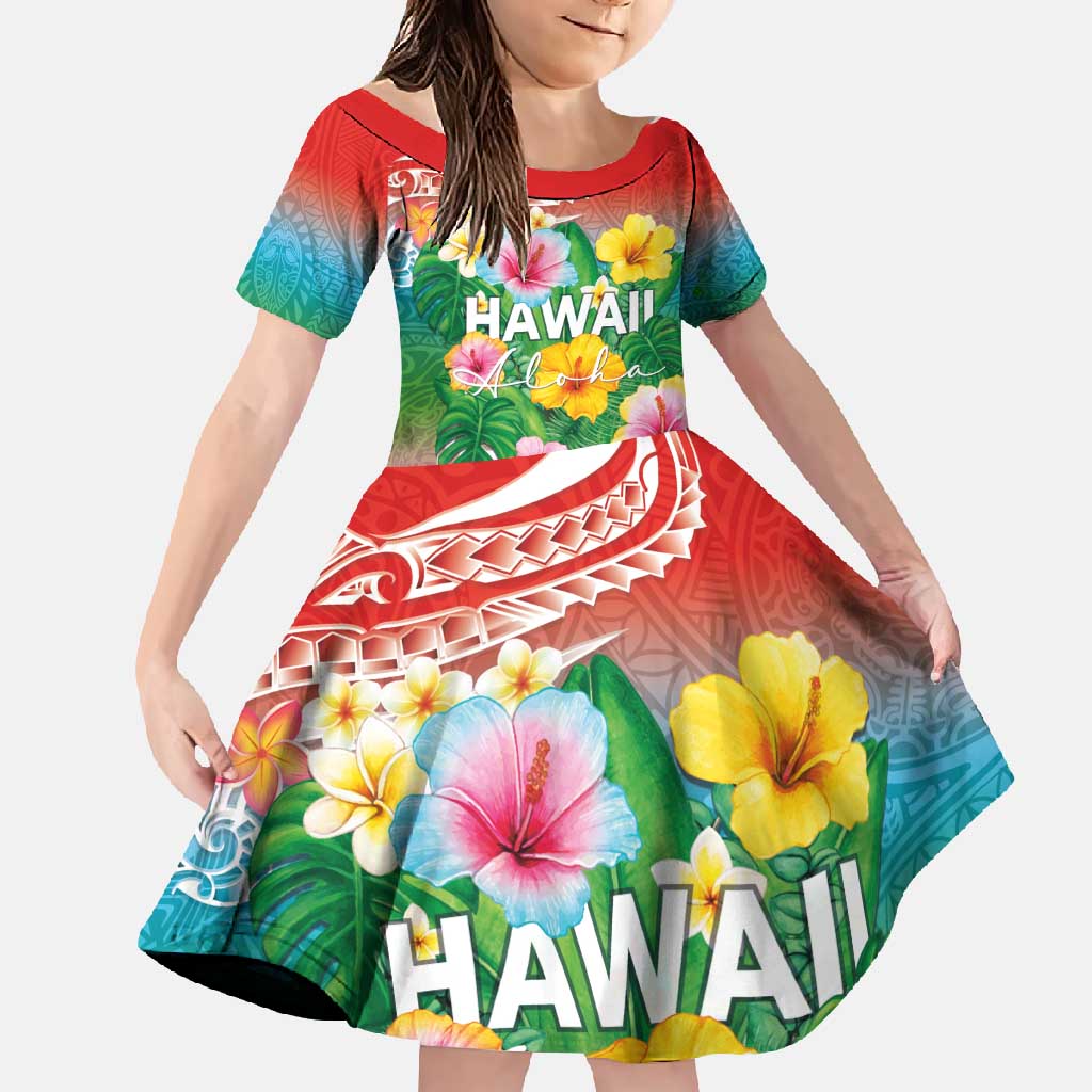 Hawaii Aloha Tropical Leaves and Flower Family Matching Summer Maxi Dress and Hawaiian Shirt with Polynesian Art Tattoo Rainbow Color LT03 Daughter's Dress Rainbow - Polynesian Pride