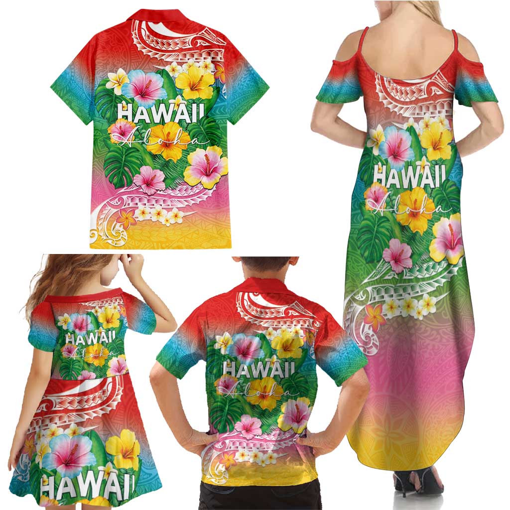 Hawaii Aloha Tropical Leaves and Flower Family Matching Summer Maxi Dress and Hawaiian Shirt with Polynesian Art Tattoo Rainbow Color LT03 - Polynesian Pride