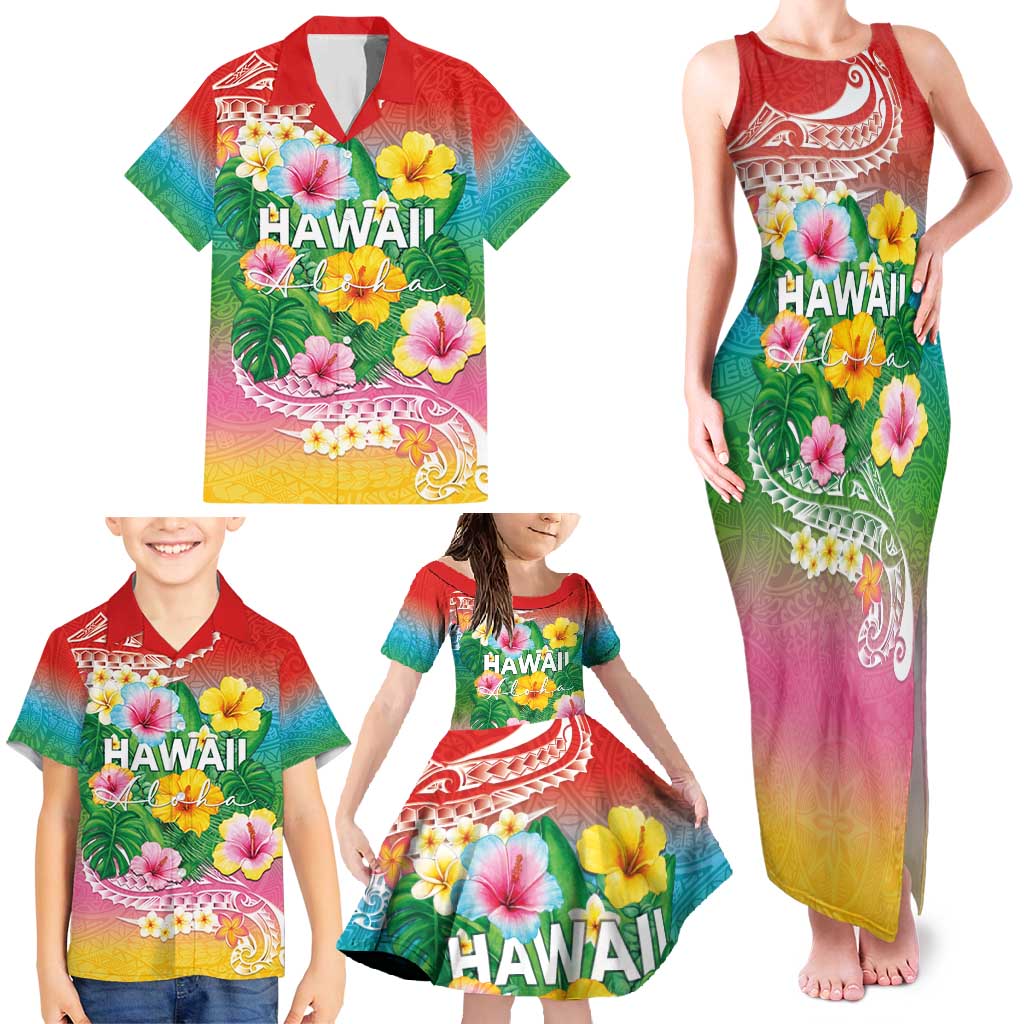 Hawaii Aloha Tropical Leaves and Flower Family Matching Tank Maxi Dress and Hawaiian Shirt with Polynesian Art Tattoo Rainbow Color LT03 - Polynesian Pride