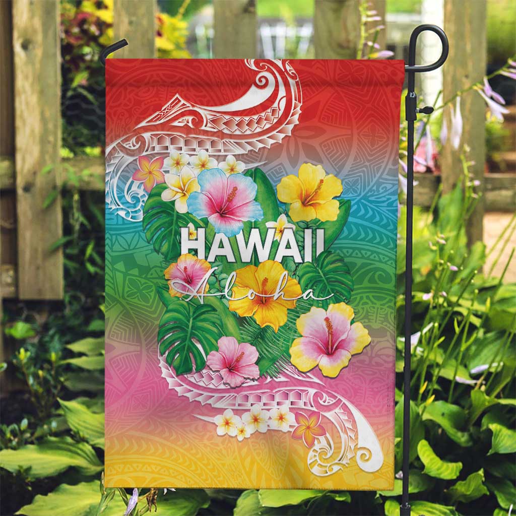 Hawaii Aloha Tropical Leaves and Flower Garden Flag with Polynesian Art Tattoo Rainbow Color - Polynesian Pride