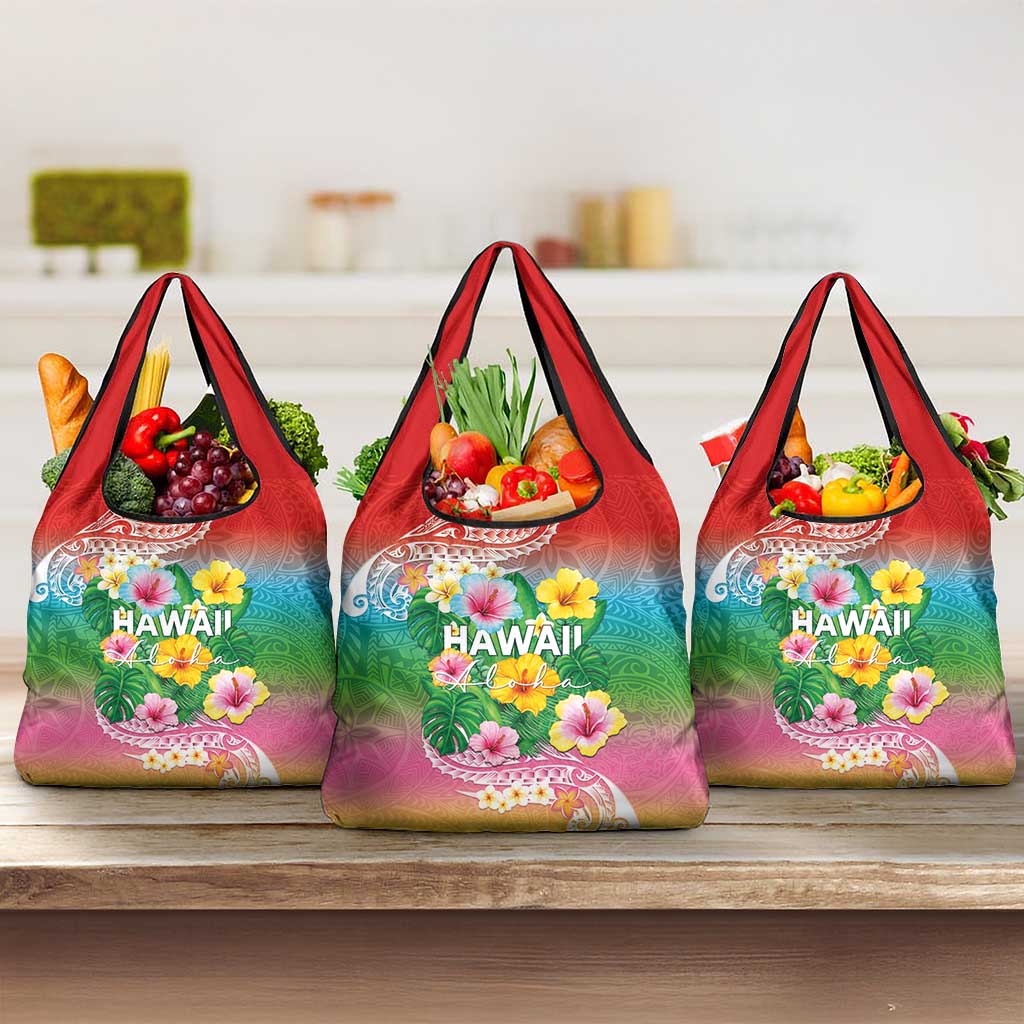 Hawaii Aloha Tropical Leaves and Flower Grocery Bag with Polynesian Art Tattoo Rainbow Color - Polynesian Pride