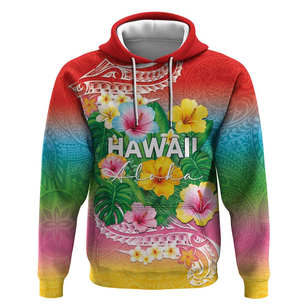 Hawaii Aloha Tropical Leaves and Flower Hoodie with Polynesian Art Tattoo Rainbow Color - Polynesian Pride