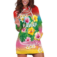 Hawaii Aloha Tropical Leaves and Flower Hoodie Dress with Polynesian Art Tattoo Rainbow Color LT03 Rainbow - Polynesian Pride