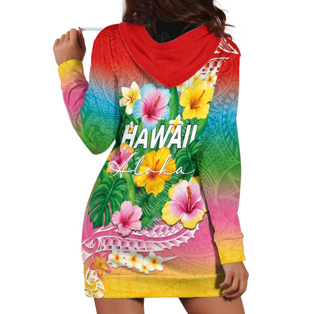 Hawaii Aloha Tropical Leaves and Flower Hoodie Dress with Polynesian Art Tattoo Rainbow Color LT03 - Polynesian Pride