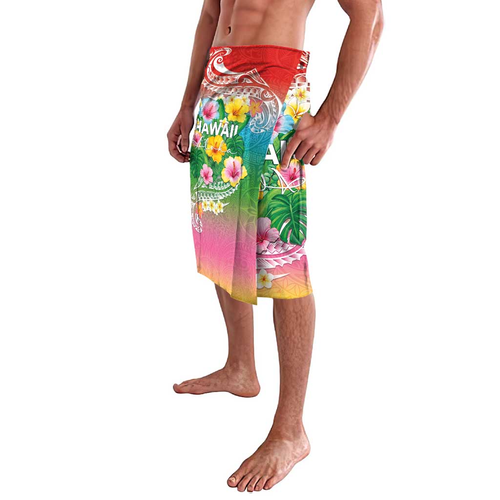 Hawaii Aloha Tropical Leaves and Flower Lavalava with Polynesian Art Tattoo Rainbow Color - Polynesian Pride