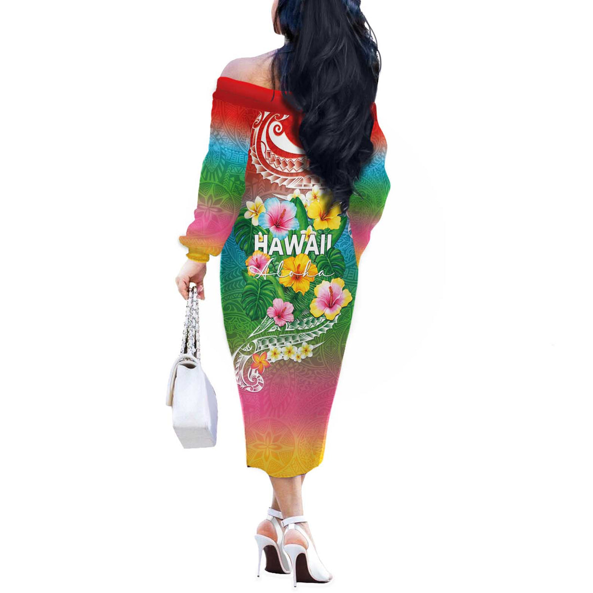 Hawaii Aloha Tropical Leaves and Flower Off The Shoulder Long Sleeve Dress with Polynesian Art Tattoo Rainbow Color LT03 - Polynesian Pride