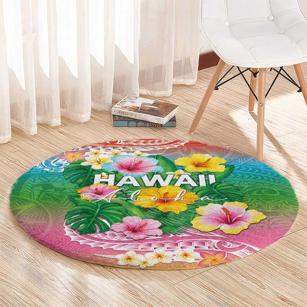 Hawaii Aloha Tropical Leaves and Flower Round Carpet with Polynesian Art Tattoo Rainbow Color - Polynesian Pride